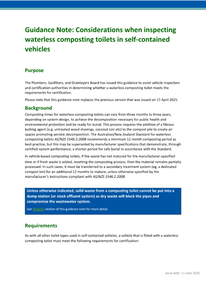 NZ Guide to Certifying Waterless Composting Toilets in RVs Pg1